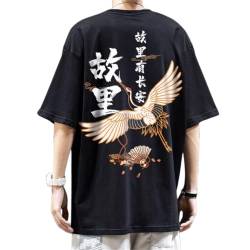 Herren Damen Japanisches ästhetisches T-Shirt Vintage Harajuku Kranich Grafik Baggy Tee Chinesischer Buchstabe Kurzarm Top Streetwear, Schwarz, M von SHINsuke