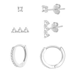 SILBERTALE 3 Paare Ohrringe Set Silber 925 Creolen Mini Zirkonia Klein Ohrstecker Mädchen Damen von SILBERTALE