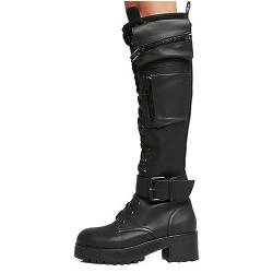 SIULAS Damen Vintage Mittelalter Stiefel - Vintage Round Toe Chunky Heel Schnürung Reißverschluss Knight Stiefel mit seitlicher Schnalle - kniehohe Stiefel aus PU-Leder - für Cosplay,Schwarz,43 von SIULAS