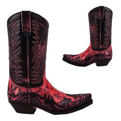 SIULAS Western Cowboy Stiefel - Low Heel Mid Tube Ritter Stiefel - Vintage Leder Stickerei Western Cowboy Biker Stiefel,Rot,45 von SIULAS