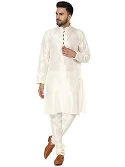 SKAVIJ Herren Art Silk Kurta Pyjama Indischer traditioneller Anzug Festliche Jahreszeit Kleid Set (Cremefarben, M) von SKAVIJ