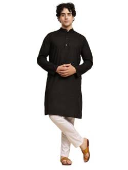 SKAVIJ Herren Tunika Baumwolle Kurta Schlafanzug indisch Yoga Zwanglos Kleid Satz (Schwarz, L) von SKAVIJ