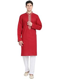 SKAVIJ Kurta-Pyjama-Set Für Männer Lange Ärmel Baumwolle Partykleid Tragen (Mittel, Rot) von SKAVIJ