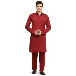 SKAVIJ Männer aus Baumwolle Pathani Kurta-Pyjama-Set indischen Sommerkleid Outfit Set Set (klein, rot) von SKAVIJ