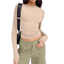 Warehouse Deal, Skims Dupe Basic Langarmshirt Damen Vintage Eng Crop Tops Pumiey Y2k Aesthetic Clothes Longsleeve Sexy Oberteile Shirt Langarm für Damen Klamotten Teenager Mädchen Beige, XS von SKFLABOOF