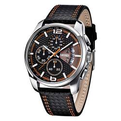 Herrenuhren Schwarzes Lederband Sport großes großes großes Gesicht Luxus Wasserdicht Leuchtend Mode Kleid Casual Analog Quarz Chronograph Vater Geschenke Armbanduhr SKMEI, Orangene Uhrzeiger von SKMEI