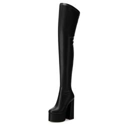 SKYSTERRY Oberschenkelhohe Stiefel für Damen, Overknee-Stiefel, Plateau, hohe klobige runde Zehenabsätze, seitlicher Reißverschluss, sexy, bequem, matt, lange Stiefel, Schwarz, 41 EU von SKYSTERRY