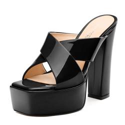 SKYSTERRY Plateauabsätze für Damen, 12,7 cm hoch, klobiger Blockabsatz, Keilabsatz, quadratisch, offener Zehenbereich, Patent, bequem, zum Hineinschlüpfen, Kreuzriemen, elegante Pumps, Schwarz, 40.5 von SKYSTERRY