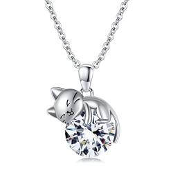 SLIACETE 925 Sterling Silber Geburtsstein Katze Halskette für Frauen Mädchen Niedliche Kätzchen Katze Hält April Geburtsstein Anhänger Kette Katzenschmuck Geschenk für Mutter Tochter Katzenliebhaber von SLIACETE