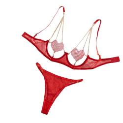 Erotische Kleidung Dessous-Set - Sexy Hohlnähte Herzförmiges Brustpatch-Kettendesign Verstellbarer Bh Geteiltes Zweiteiliges Set, Elastischer Verstellbarer Tanga-Bh-Set Mit Geteiltem Bikini,Rot,L von SMBHIAON