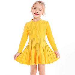 SMILING PINKER Kinder Mädchen Plissee Kleid Langarm Knopfleiste Schule Strickpullover Kleider, gelb, 5-6 Jahre von SMILING PINKER