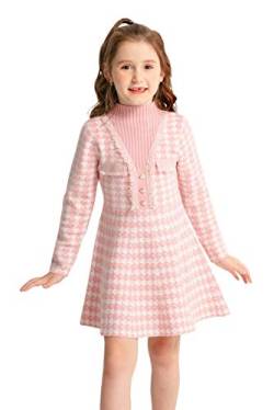 SMILING PINKER Mädchen Pullover Kleid Langarm Kinder Party Hahnentritt Strickkleider Winter Mock Neck, rose, 5 Jahre von SMILING PINKER