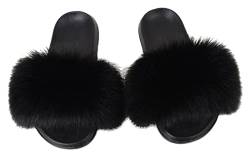 SMIUPIN Mode Damen Pelz Flats Slides Sandalen Hausschuhe Furry Fuzzy Cozy Open Toe Fluffy Slides Slippers Fur Feather Slip On Schuhe,40-41,black von SMIUPIN