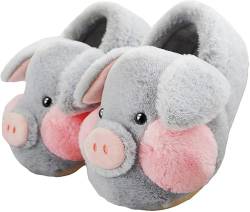 SMIUPIN Unisex Tier Schwein Plüsch Hausschuhe Frauen Männer flauschig pelzige Schuhe Winter warm Fuzzy Slipper,35-36,Graue Schuhe von SMIUPIN