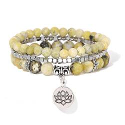 Boho Armbänder,Mehrschichtiges Lotus Charm Armband Set,3 Teiliges Naturstein Perlenarmband,Böhmischer Ethnischer Armreif,Stretch Yoga Armband für Damen und Herren,Geschenk,Gelbes Zebra von SMTSEC