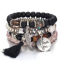 SMTSEC Boho Armbänder,Böhmisches Perlenarmband Set,Stapelbares Perlenarmband,Böhmische Quaste,Feder Anhänger,Armreifen,Kristall Stretch Armbänder für Damen,Herren,Mädchen,Schwarz von SMTSEC