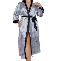 SMTSEC Langer Kimono für Damen Übergröße Satin Bademantel Sexy Bequem Lockere Strickjacke Leichter Seidiger Bademantel mit Herz Print Morgenmantel Loungewear,Grau,5XL von SMTSEC