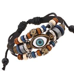 SMTSEC Lederarmbänder,Bohemian Evil Eye Armband Vintage Mehrschichtiges Lederarmband Gothic Punk Wickelmanschette Armband Verstellbarer Geflochtener Armreif für Männer Frauen,Schwarz von SMTSEC