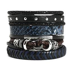 SMTSEC Lederarmbänder,Mehrschichtiges Geflochtenes Armband für Herren Gothic Punk Stil Nieten Lederarmband Handgefertigt Gewebter Armreif Blau Verstellbares Wickelarmband für Damen von SMTSEC