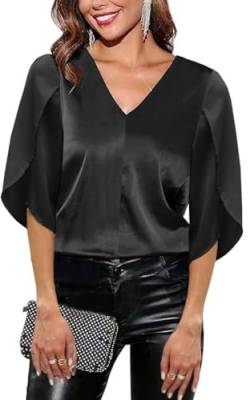 SOADKP Damen Bluse Sommer V-Ausschnitt Elegant Hemdbluse Kurzarm Shirt Glitzer Tops Festlich Oberteil (Schwarz/XL) von SOADKP