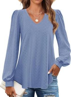 SOADKP Damen Blusen V Ausschnitt Langarm Spitze Oberteile Elegant Hemd Casual Shirt Tunika(Blau/M) von SOADKP