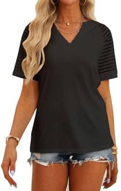 SOADKP Damen Oberteil Sommer tshirt Kurzarm Bluse Spitzenärmel V-Ausschnitt tunika Baumwolle Tops(schwarz/M) von SOADKP