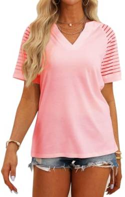 SOADKP Damen Oberteil Sommer tshirt Kurzarm Bluse Spitzenärmel V-Ausschnitt tunika Baumwolle Tops(rosa/S) von SOADKP