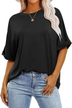 SOADKP Damen T-Shirt Sommer Oversize Oberteil Kurzarm Rundhals Lose Tops Elegant Bluse Tunika (schwarz/L) von SOADKP