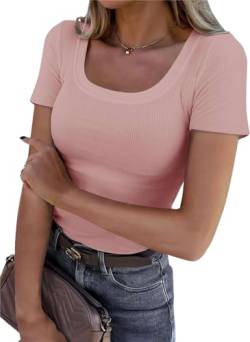 SOADKP Damen Tshirt Kurzarm Bluse Sexy U-Ausschnitt Super Elastisches Slim Fit shirts Sommer Oberteil Blusentop (Rosa/S) von SOADKP