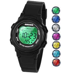 SOCICO Kinderuhr Digitaluhren für Mädchen Jungen, wasserdicht 5ATM, 7 Farbe leuchtet wasserdichte Uhren für Kinder mit Alarm Stoppuhr, weiche Band Armbanduhr für Mädchen und Jungen im Alter von 5-12. von SOCICO