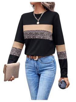 SOLX HUX Damen T-Shirt Langarm Oberteil mit Leopardmuster Herbstshirt Casualshirt Sweatshirt Pulli Rundhals Mode Outfit Schwarz M von SOLY HUX