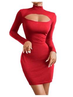 SOLY HUX Bodycon Kleid Damen Langarm Minikleid Cut Outs Kleider Herbst Partykleid Bleistift Kurzkleid Freizeitkleid Rot L von SOLY HUX