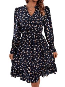 SOLY HUX Damen Elegant Kleid mit Blumen Kurzkleider A Linie Herbstkleid Langarm Freizeitkleid Partykleid Cocktailkleider Marineblau L von SOLY HUX