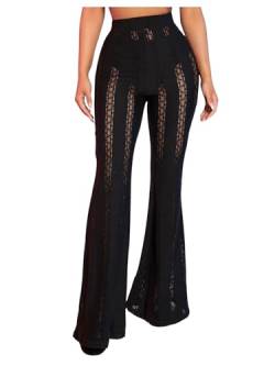 SOLY HUX Damen Hose Schlaghose Halbe Durchsichtig Spitzenhose Partyhosen Freizeithosen mit Hohe Taille Festival Outfit Schwarz M von SOLY HUX