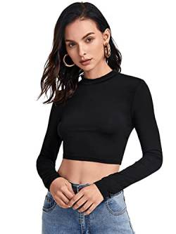 SOLY HUX Damen Langarm Crop Shirt mit Stehkragen Bauchfrei Cropped Tops Langarmshirts Oberteil Schmal Pulli Basicshirts Schwarz S von SOLY HUX