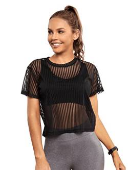 SOLY HUX Damen Mesh Top Durchsichtig Sommer T-Shirt Kurzarm Netz Oberteil Sommershirt ohne BH Schwarz L von SOLY HUX