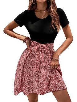 SOLY HUX Damen Sommer Kleid 2-in-1 Kleider A Linie Blüchen Minikleid Wickel Freizeitkleid Boho Faltenkleid mit Gürtel Schwarz und Rot M von SOLY HUX