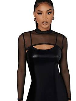 SOLY HUX Damen Super Crop Mesh Top mit Stehkragen Schmal T-Shirt Langarm Netz Oberteil Schwarz L von SOLY HUX