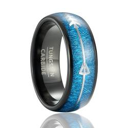 SOXEMAN Modischer Wolframstahlring für Damen und Herren, schwarz mit eingelegtem blauem Seidenfaden, Fischgrätenmuster, schöner und romantischer Handschmuck, 8 mm breiter cooler Ring von SOXEMAN