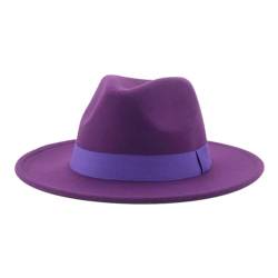 Fedora Trilby Filzhut Hut Damenhut Herren-Fedora-Hüte Breite Krempe Gürtel Bandband Solide Klassisch Formelle Kleidung Hochzeit Fedora-Hüte Für Herren 56–58 cm (Erwachsene) Lila von SOYNIA