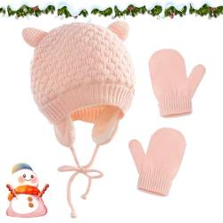 SPERMUOY Babymütze Neugeborene Winter, Babymütze Mädchen Kleinkinder Wintermütze Strickmütze Fäustlinge,Winter Babymütze für Jungen und Mädchen im Alter von 1-3 Jahre-rosa von SPERMUOY