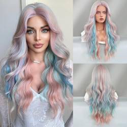 26 Zoll Lange Gewellte PerüCke,PerüCke Mit Blauen Und Violetten Ombre-Highlights,Kunstfaser Hochdichtes Lockiges Haar FüR Den Gebrauch Bei Partys,Im Urlaub,Cosplay(Colourful,75cm) von SQSZJBJMK