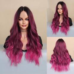 26 Zoll Lange Gewellte PerüCke,PerüCke Mit Blauen Und Violetten Ombre-Highlights,Kunstfaser Hochdichtes Lockiges Haar FüR Den Gebrauch Bei Partys,Im Urlaub,Cosplay(Rose pink,67cm) von SQSZJBJMK