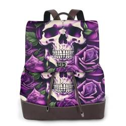 SSIMOO Viele lila Rose Totenkopf Druck Damen Leder Rucksack mit Schnalle Flip Cover stilvoll und geräumig für Frauen, Schwarz, Einheitsgröße von SSIMOO