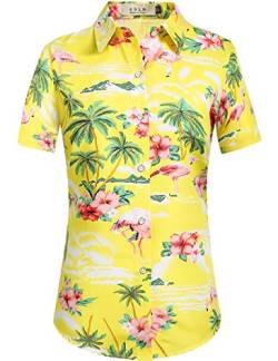 SSLR Hawaii Hemd Damen, Hawaii Bluse Damen, Kurzarm Flamingo Shirt 3D Gedruckt Blumen Hawaiihemd (Large, Gelb) von SSLR