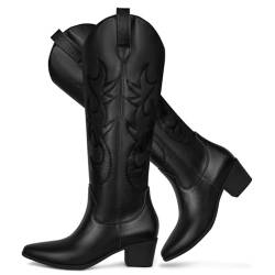 STALOV Cowboystiefel für Damen, Westernstiefel, spitzer Zehenbereich, klobiger Absatz, kniehoch, modisch, bestickt, hohe Stiefel, schwarz 2, 42 EU von STALOV