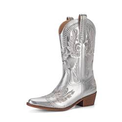 STALOV Cowgirl-Stiefel, genähte Stiefeletten für Damen, spitzer Zehenbereich, niedriger klobiger Absatz, bestickt, Western-Cowboystiefel, Silber und Strass, 40.5 EU von STALOV