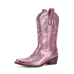 STALOV Kurze Cowgirl-Stiefel für Damen, bestickt, Cowboystiefel, spitzer Zehenbereich, niedriger klobiger Absatz, zum Überziehen, Westernstiefel, Rosa und Strass, 39 EU von STALOV