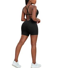 STARBILD Damen Sport Jumpsuit Rückenfrei Push Up, Yoga Bodysuit Honeycomb Overall Leggings, Playsuits Strampler Hosenanzug Trainingsanzug, M6430-schwarz S von STARBILD