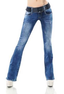 Damen Bootcut Jeans Hose Schlag Schlaghose Denim Stretch Gürtel XS-XL (DE/NL/SE/PL, Alphanumerisch, M, Regular, Regular, W362-Blau) von STIDIA